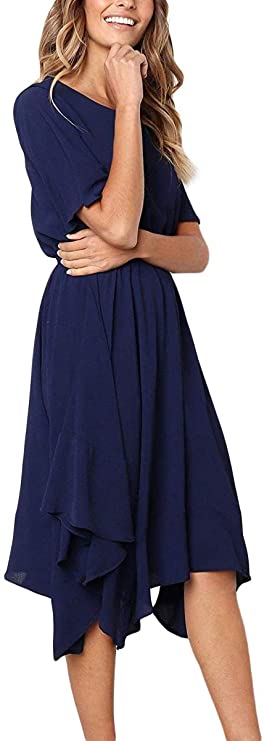 Alaster Women’s Chiffon Short Sleeve Casual Midi Dress Irregular Hem Summer Dress