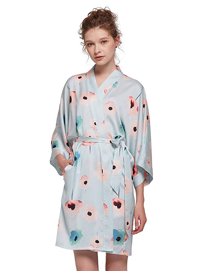 AW Women Floral Satin Robe Wedding Bride Bridesmaid Sleepwear Bathrobe Kimono Short