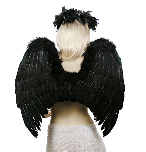 FashionWings (TM) Black Fallen Angel Costume Feather Wings Halo Mask Set