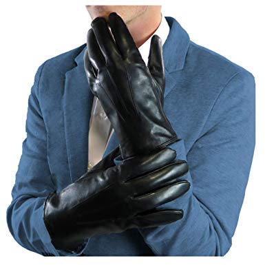 Debra Weitzner Mens Black Leather Gloves, Rabbit Fur lined Genuine Leather Touchscreen Winter Gloves