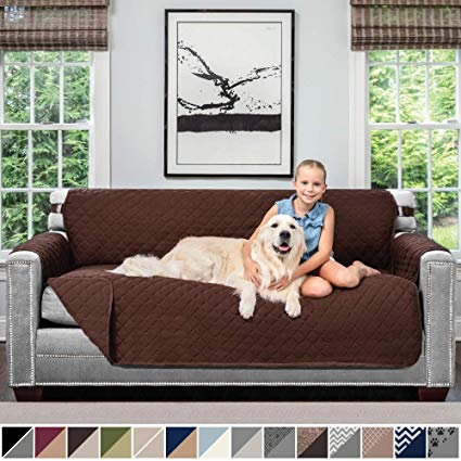 Sofa Shield Original Patent Pending Reversible Large Sofa Protector for Seat Width up to 70 Inch, Furniture Slipcover, 2 Inch Strap, Couch Slip Cover Throw for Pet Dogs, Cats, Sofa, Chocolate