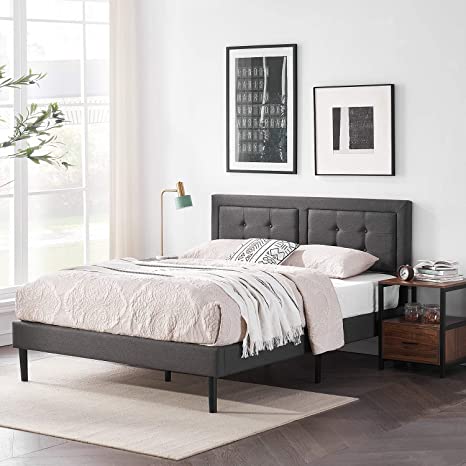 VECELO Queen Size Upholstered Platform Bed /Mattress Foundation with Height Adjustable Headboard, No Boxing Spring Needed, Metal Frame/Strong Wooden Slat Support & Quick Assembly