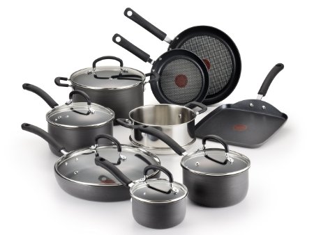 T-fal E918SE Ultimate Hard Anodized Durable Nonstick Expert Interior Thermo-Spot Heat Indicator Anti-Warp Base Dishwasher Safe PFOA Free Oven Safe Cookware Set 14-Piece Gray