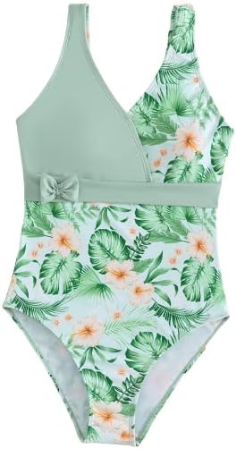 Milumia Girl's Floral Print One Piece Swimsuit Bow Wrap V Neck Bathing Suit Swimwear