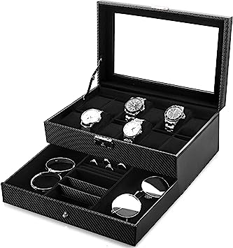Oyydecor Watch Box 12 Slots Watch Organizer Jewelry Display Case Organizer with Jewelry Drawer for Storage and Display Lockable