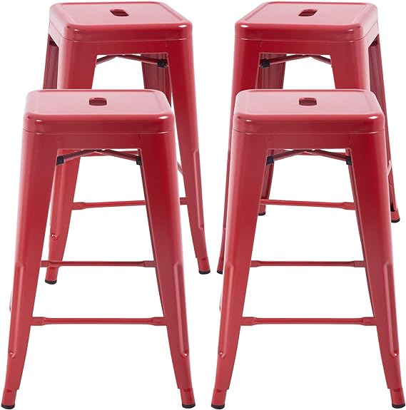 Metal Stools Bar Stools 24" 30" Counter Height Stackable Barstools Indoor Outdoor Patio Furniture Dining Backless Kitchen Bar Stools Set of 4 (Red, 24")
