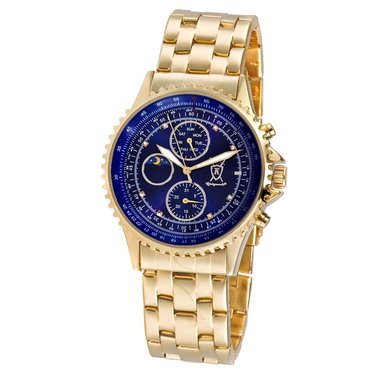Konigswerk Mens Gold Tone Bracelet Watch Multifunction Blue Dial Crystal Markers AQ101091G
