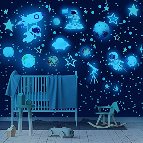 4 Sheets 842 Pieces Glow in The Dark Wall Stickers Luminous Star Ceiling Decals Solar System Space Planets Wall Decors Rocket and Planets Glowing Star Stickers for Girls Boys Room Decorations