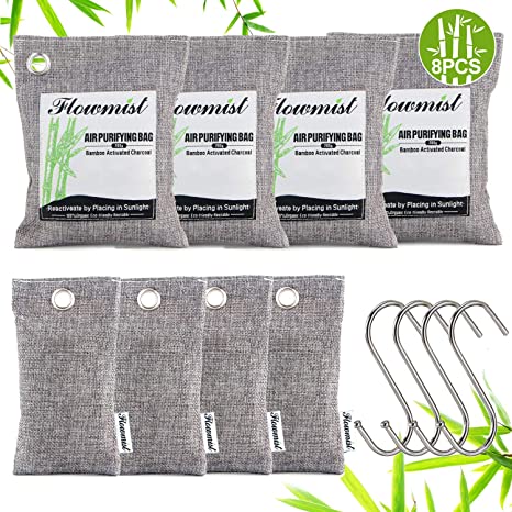 Flowmist Air Purifying Bags 8 Pack (200g x 4,50g x 4) & 4 Hooks,Activated Bamboo Charcoal Purifer,Air Freshener Odor Absorbe for Home,Car,Pets,Closet,Shoes,Gym Bag Shoe Deodorizer.
