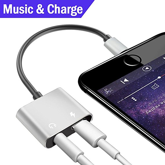 Lightning Adapter, Audio  Charger Adapter for iPhone X iPhone 8/8Plus iPhone 7/7Plus iPad Headset Earphone.Headphone Audio Splitter and Charger Adaptor Wire control.Compatible All iOS Systems-Silver