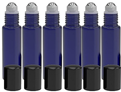 6 Pack - Empty Roll on Glass Bottles [STAINLESS STEEL ROLLER] 10ml Refillable Color Roll On for Fragrance Essential Oil - Metal Chrome Roller Ball - 10 ml 1/3 oz - Frosted Blue Color