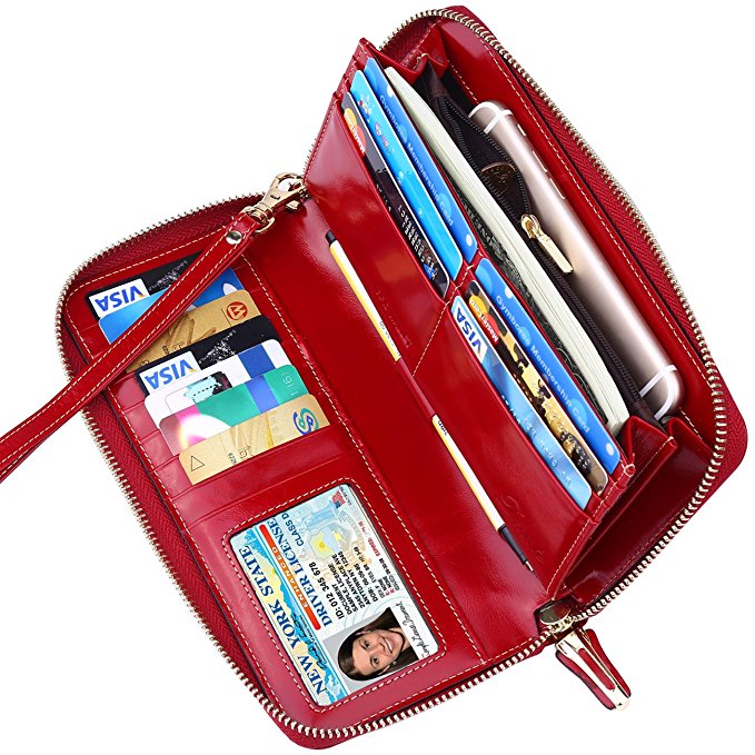 Dante RFID Blocking Wax Real Leather Zip Around Wallet Clutch Large Travel Purse for Women