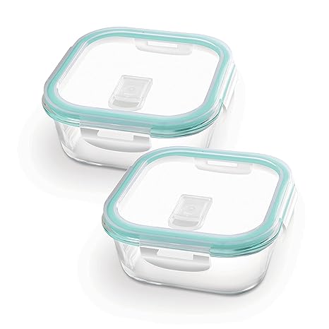 Treo By Milton Hi Borosilicate Clip Fresh Square Container, Set of 2, 800 ml Each, Transparent | Air Tight | Microwave Safe | Oven Safe | Refrigerator Safe | BPA Free | Stackable | Dishwasher Safe