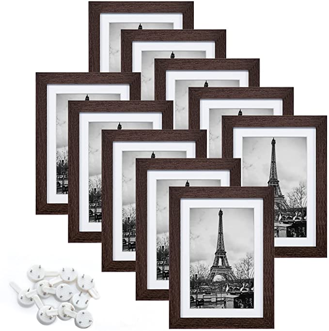 upsimples 5x7 Picture Frame Set of 10,Display Pictures 4x6 with Mat or 5x7 Without Mat,Multi Photo Frames Collage for Wall or Tabletop Display,Dark Brown Woodgrain