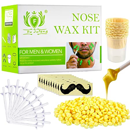 Nose Wax Kit ,Nose Hair Removal Kit with 50g Wax beads 20 Safe Tip Applicator,10 Containers and 10 Moustache Stencils , Nose Waxing Kit for Men and Women Easy, Quick and Painless Nose Hair Wax