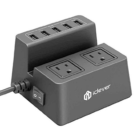 iClever BoostCube 8A 5-Port USB Desktop Charger with 2 Surge Protected Outlets and 5ft Power Cable