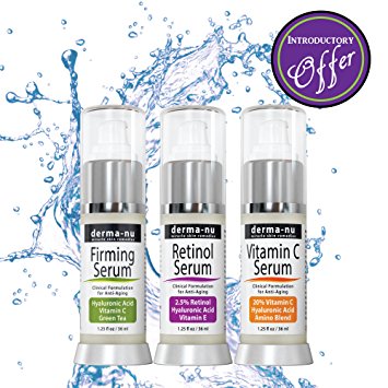 Anti Aging Serum Trio - Hyaluronic Acid, Retinol Serum & Vitamin C Serum 3 Pack by Derma-nu Skin Remedies