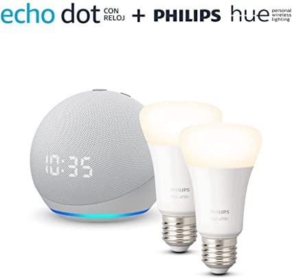 Echo Dot (4.ª generación) con reloj, Blanco   Philips Hue White Pack de 2 bombillas inteligentes, compatible con Alexa - Kit de inicio de Hogar digital