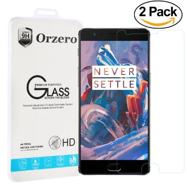 [2 Pack] Orzero® Oneplus 3 Tempered Glass Screen Protector 0.26mm Clear 2.5D Arc Edges 9 Hardness High Definition Anti Glare Anti Fingerprint Lifetime Warranty
