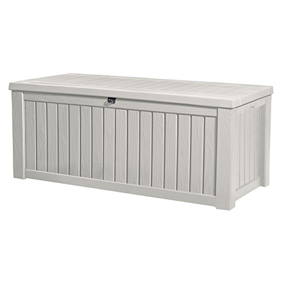 Keter Rockwood Plastic Deck Storage Container Box Outdoor Patio Garden Furniture 150 Gal, White