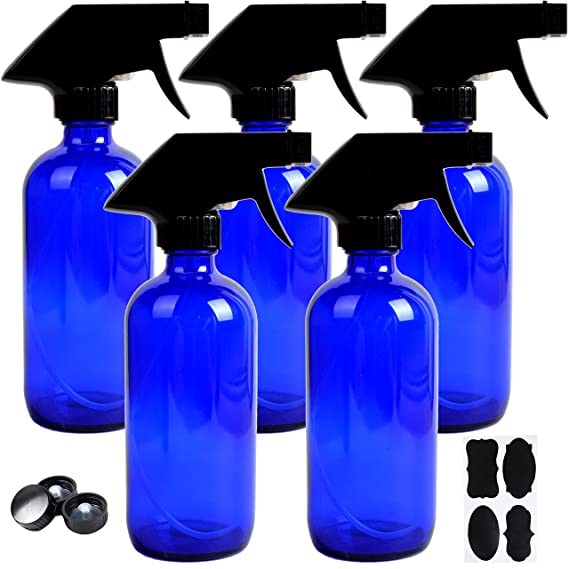 Youngever 5 Pack Empty Blue Glass Spray Bottles, 8 Ounce Refillable Container for Essential Oils, Cleaning Products, or Aromatherapy, Trigger Sprayer with Mist and Stream Settings