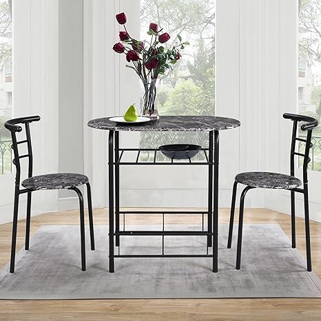 Compact 3-Piece Dining Table & Chair Set for Kitchen and Dining Room - Stylish Wooden Steel Frame - Perfect for Small Spaces Black