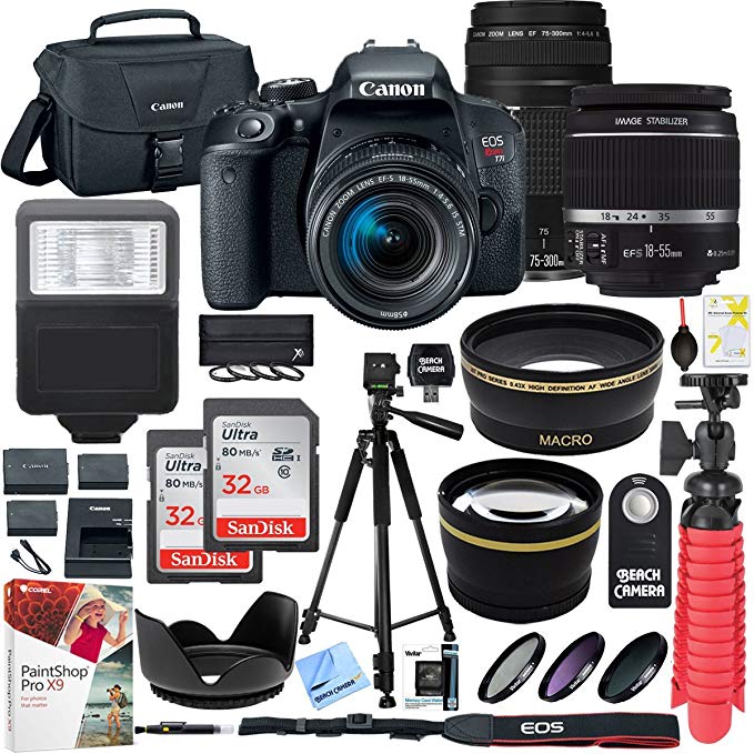 Canon EOS Rebel T7i DSLR Camera with EF-S 18-55mm IS STM & 75-300mm Lens   2x 32GB Ultra SDHC UHS Class 10 Memory Card   Accessory Bundle
