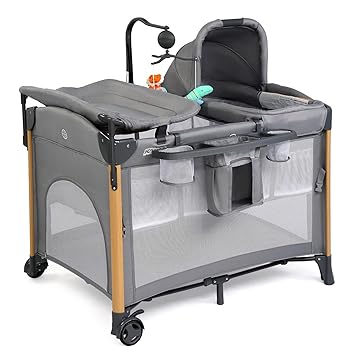 JOYMOR All in One Nursery Center, Playard with Changing Table and Bassinet, Bedside Sleeper with Mattress, Sheet, Canopy, Storage Shelf and Hanging Toy (Gray)