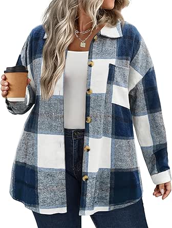 IN'VOLAND Women's Plus Size Plaid Shacket Long Sleeve Button Down Flannel Shirts Casual Jacket Coats