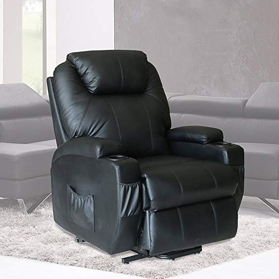 Esright Massage Chair Power Lift Recliner Wall Hugger PU Leather Heated Vibration with 2 Controls (Black)
