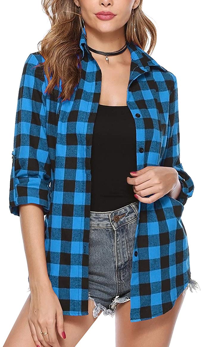 Hawiton Women's Long Sleeve Roll Up Plaid Flannel Shirt Button Down Boyfriend Casual Tops with Pockets