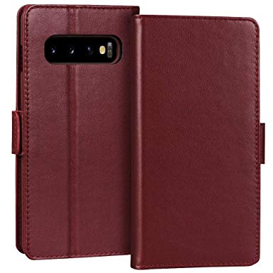 FYY Samsung Galaxy S10 6.1" Luxury [Cowhide Genuine Leather][RFID Blocking] Handcrafted Wallet Case, Handmade Flip Folio Case with [Kickstand Function] and [Card Slots] for Galaxy S10 (6.1") Wine Red