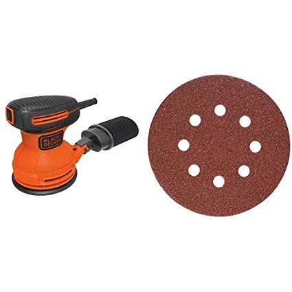 BLACK DECKER BDERO100 Random Orbit Sander, 5-Inch with PORTER-CABLE 735800625 5-Inch 8-Hole Hook and Loop 60 Grit Sanding Discs (25-Pack)