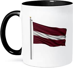 3dRose Latvia On A Flag Pole Over White Latvian Mug, 11 oz, Black