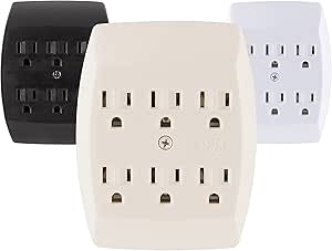 GE 6-Outlet Extender Wall Tap, Grounded Adapter, Charging Station, 3-Prong, Secure Install, UL Listed, Light Almond, 54946