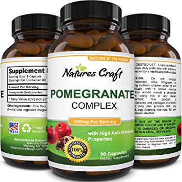 Natures Craft Pomegranate Supplement - Pure Antioxidant Rich 500 mg Pills for Heart Health Lower Cholesterol and Stronger Immunity - Natural Ellagic Acid for Anti Aging Benefits 90 Capsules