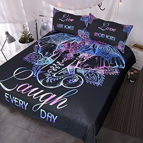Blessliving Glowing Elephant Bedding Set, Paisley Indian Lotus Flowers Bedding for Couples, Funky Elephant Head Duvet Cover Set (Twin, Text)