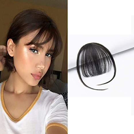 HIKYUU Natural Black Clip on Fringe Bangs Human Hair 100% Remy Real Brazilian Human Hair Neat Front Air Bangs Extensions with Temples