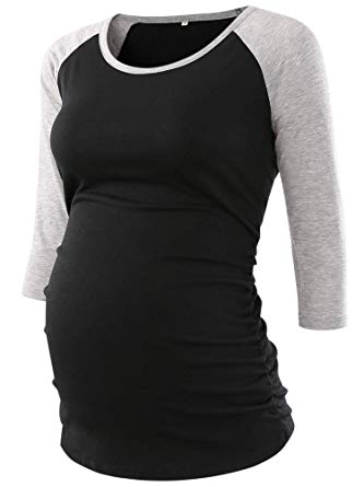 Jezero Women's Maternity Tops Long Sleeve Baseball Crew Neck Flattering Side Ruching Pregnancy T-Shirt