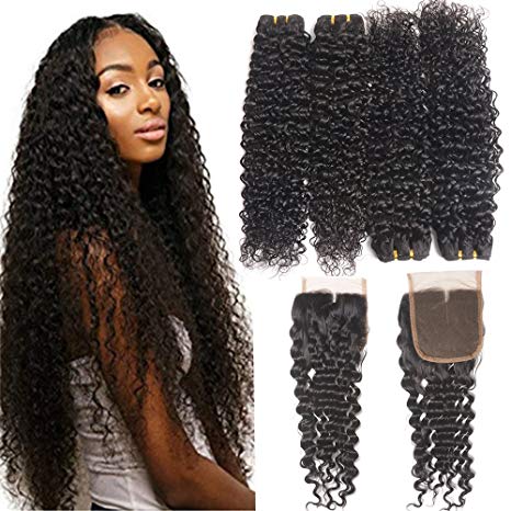10A Brazilian Hair 4 Bundles with Closure Water Wave (18 20 22 24 Closure 16, Middle Part) Remy Wet and Wavy Hair Weave Bundles with 4x4 Lace Closure Resaca Unprocessed Virgin Human Hair