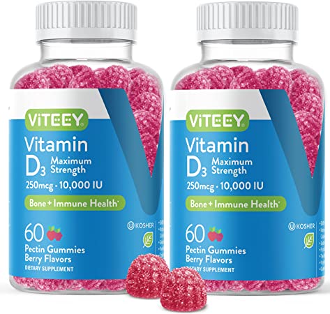 Vitamin D3 Gummies 10,000 IU 250mcg Maximum Strength VIT D Chewable, Supports Bone Health Support, Joint Muscle Health, Immune Support, for Men and Woman, Berry Flavor, Vegetarian, Pectin Gummy Chews