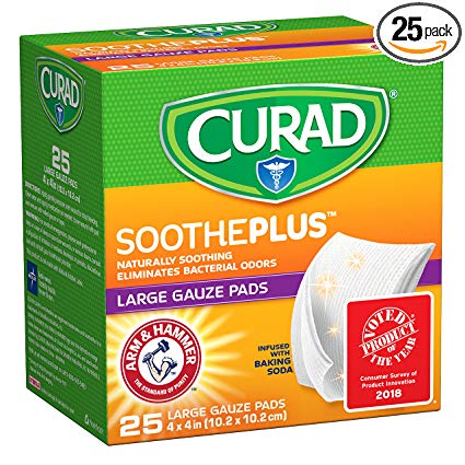 CURAD SoothePLUS Gauze Pads with ARM & Hammer Baking Soda, 4" x 4", 25 Count