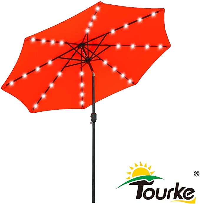 Tourke 9 Ft Led Lighted Patio Table Umbrella Outdoor Umbrella with Push Button Tilt and Crank, 8 Steel Ribs, for Garden, Deck, Backyard, Swimming Pool and More(Orange)