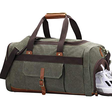 S-ZONE Vintage Canvas Geniune Leather Trim Travel Tote Duffel Bag with Shoes Pouch