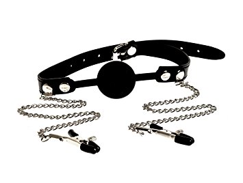 Ball Gag Black Silicone with Chained Nipple Clamps and adjustable pressure by HappyNHealthy