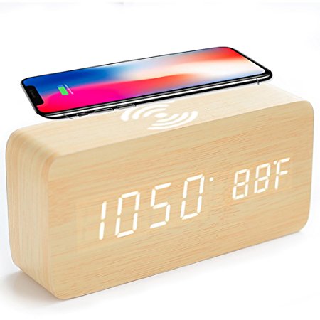 HaloVa Alarm Clock, Silent Wooden LED Digital Clock with Sound Control Function, Qi Wireless Charging for iPhone Sumsang etc, Time Date And Temperature Display, 3 Set of Alarm, White