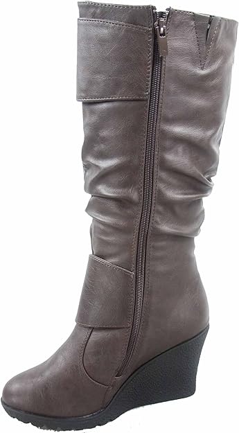 TOP Moda Pure-65 Women's Fashion Round Toe Slouch Buckle Wedge Mid Calf Boot Shoes