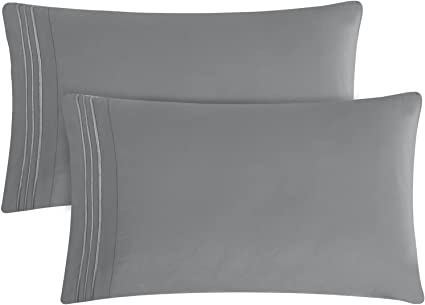 CozyLux Queen Pillowcase Set of 2 Luxury 1800 Series Brushed Microfiber Bed Pillow Cases Embroidered 2 Pack 20 x 30 inches, Light Grey/Gray Pillow Covers with Envelope Closure