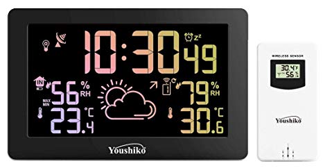 Youshiko Weather station , Large Led Bright Colour Changing Display , Radio Controlled Clock ( Official UK Version ), Indoor Outdoor Temperature Thermometer, Humidity