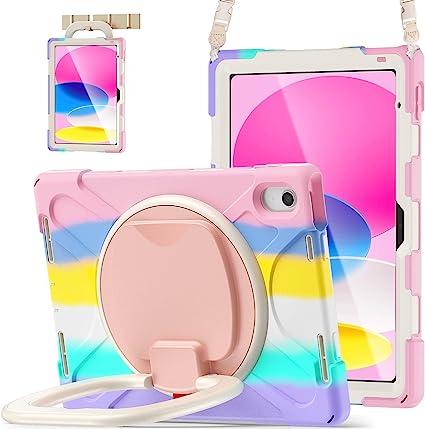 BATYUE iPad 10th Generation Case, Shockproof Protection Cover for 2022 10.9-inch iPad (10th Generation) with Screen Protector/Pencil Holder/ 360° Swivel Stand/Shoulder Strap, for Kids -Colorful Pink